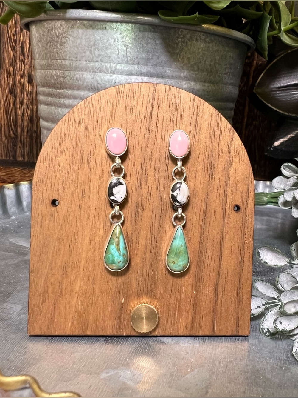 Sterling Silver Multistone Dangle Earrings Southwestern Turquoise Conch